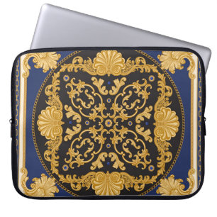 Bandana Print: Zwart Blauw Goud. Laptop Sleeve