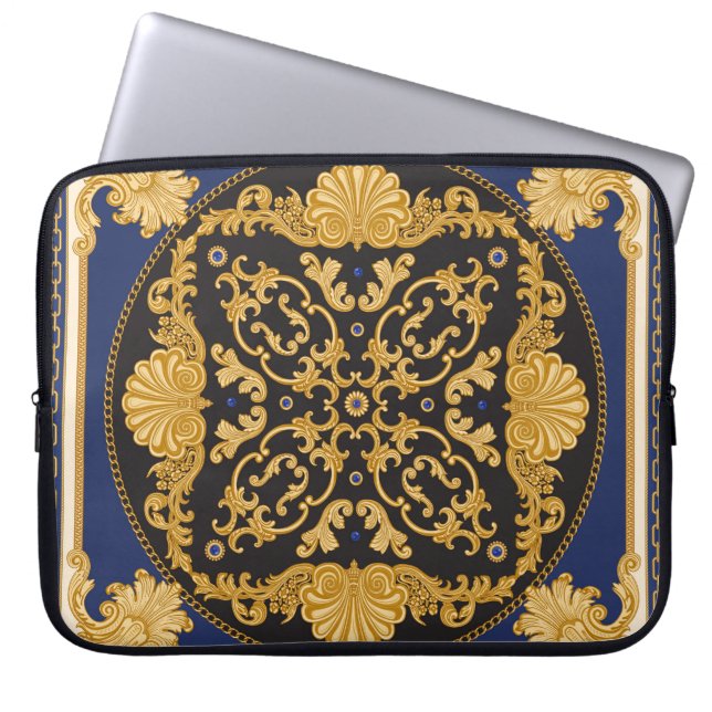 Bandana Print: Zwart Blauw Goud. Laptop Sleeve (Voorkant)