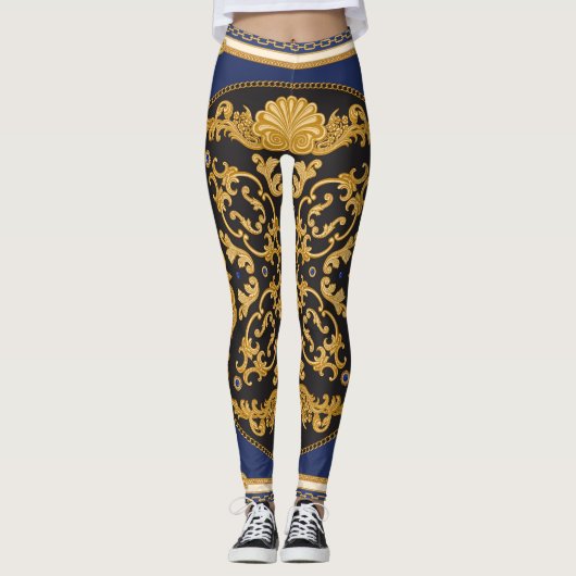 Bandana Print: Zwart Blauw Goud. Leggings (Voorkant)