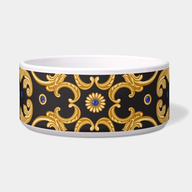 Bandana Print: Zwart Blauw Goud. Voerbakje (Voorkant)