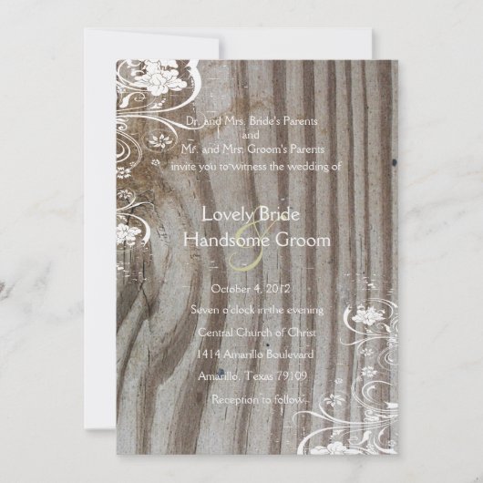 Banded Wood Kijk Shabby Lace Wedding Invitation Kaart (Voorkant)