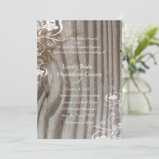 Banded Wood Kijk Shabby Lace Wedding Invitation Kaart (Staand voorkant)