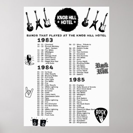 Banden die het Knob Hill Hotel 1983-84-85 speelden Poster (Voorkant)