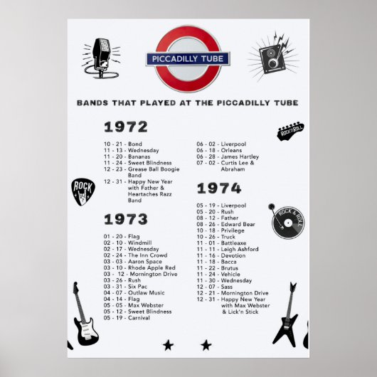 Bands - Piccadilly Tube 1972 1973 1974 Poster (Voorkant)