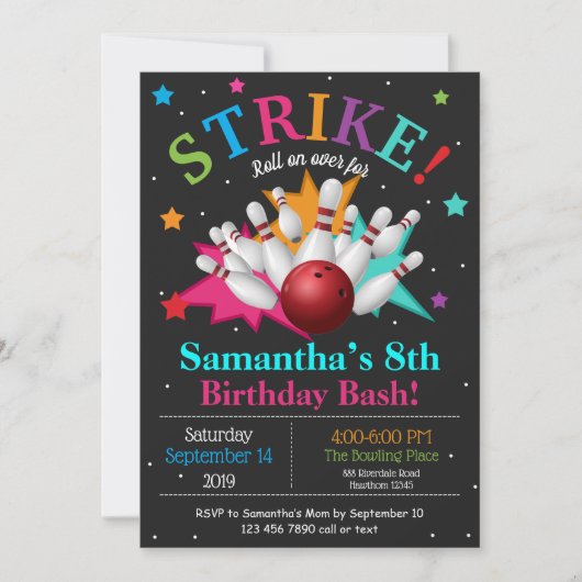 Bang Bowling Pin Birthday Personaliseer RSVP Kaart (Voorkant)