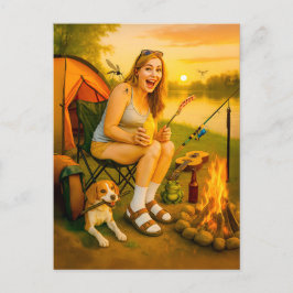 Bang Camper Vrouw met Hond en Tent Feestdagenkaart