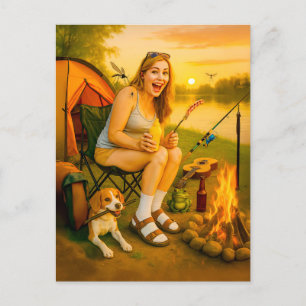 Bang Camper Vrouw met Hond en Tent Feestdagenkaart