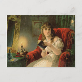 Bange jonge vrouw leest een boek, vintage vakantie briefkaart