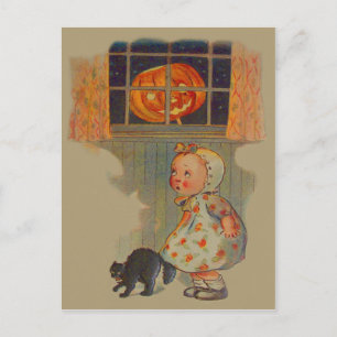 Bange Meisje Jack O' Lantern Zwarte Kat Grap Briefkaart