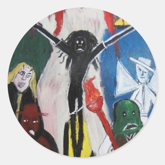 BANGEN VOOR RODE KOP JESUS RONDE STICKER (Voorkant)