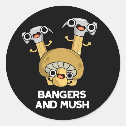 Bangers en Mush Funny English Food Pun Dark BG Ronde Sticker (Voorkant)