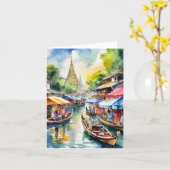 Bangkok drijvende markt Thailand Waterverf Kaart (Gele Bloem)