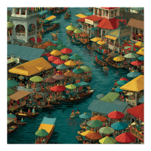 Bangkok Thailand Markt Drijvend Op Water Vintage Perfect Poster