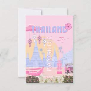 Bangkok Thailand Pastel Roze Blauw Reisposter Bedankkaart