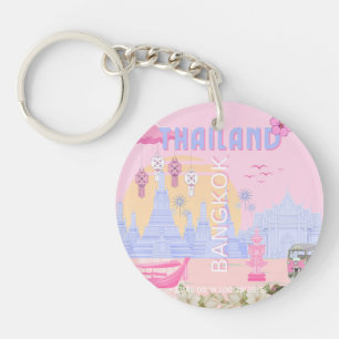 Bangkok Thailand Pastel Roze Blauw Reisposter Sleutelhanger
