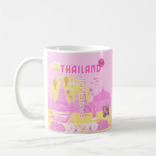 Bangkok Thailand Reisposter Roze Retro Kunst Koffiemok