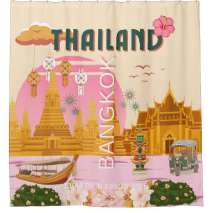 Bangkok Thailand Retro Vintage Reisposter Douchegordijn