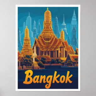 Bangkok Thailand Vintage Travel Illustratie Poster