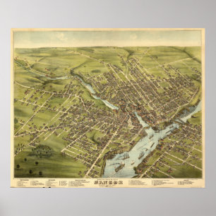 Bangor Maine 1875 Antiek Panorama Poster