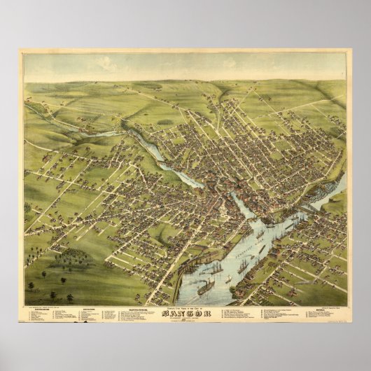 Bangor Maine 1875 Antiek Panorama Poster (Voorkant)