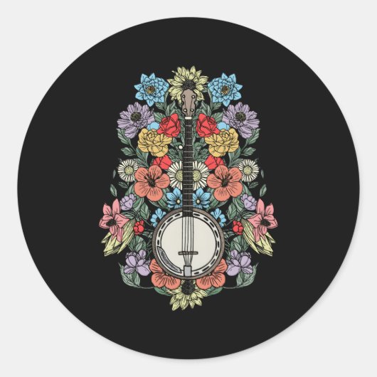 Banjo Bloemen Stringed Bluegrass Folk Bloemen Ronde Sticker (Voorkant)