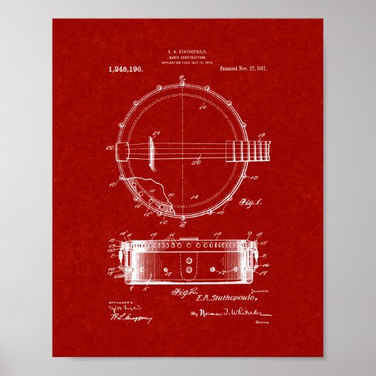 Banjo Construction Patent - Burgundy Red Poster (Voorkant)