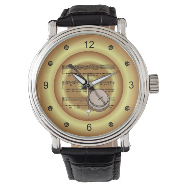 Banjo ~ Datablad Music ~ Gold Background ~ Horloge (Voorkant)