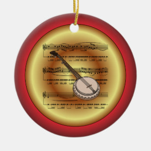 Banjo ~ Datablad Music ~ Red/Green/Gold ~ Kerstmis Keramisch Ornament