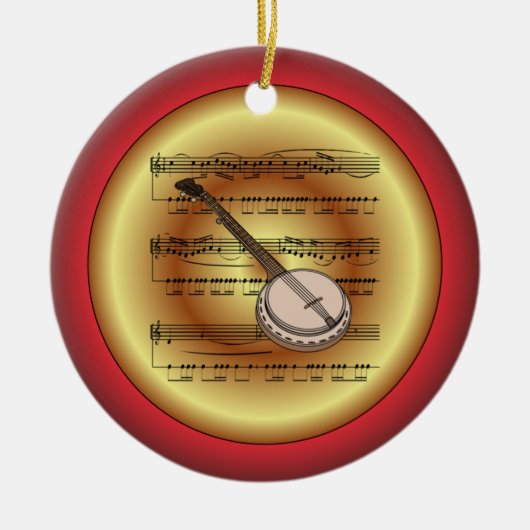 Banjo ~ Datablad Music ~ Red/Green/Gold ~ Kerstmis Keramisch Ornament (Voorkant)