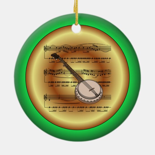 Banjo ~ Datablad Music ~ Red/Green/Gold ~ Kerstmis Keramisch Ornament (Achterkant)