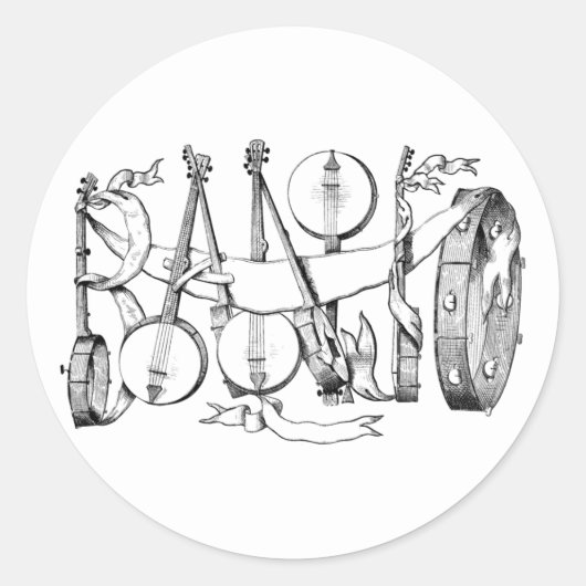 banjo gespeld met banjos illustratie kunst ronde sticker (Voorkant)