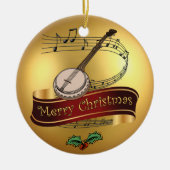 Banjo ~ Musical Scroll ~ Gold Merry Kerst~ Keramisch Ornament (Voorkant)