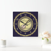 Banjo ~ Musical Scroll ~ Gold/Navy Blue ~ Vierkante Klok (Huis)