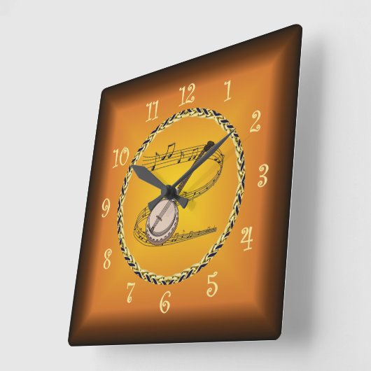 Banjo op Musical Scroll & Russet Sinaasappel ~ Vierkante Klok (Hoek)
