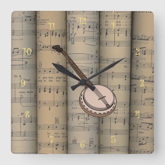 Banjo ~ Rolling Sheet Music Background ~ Musical Vierkante Klok (Voorkant)