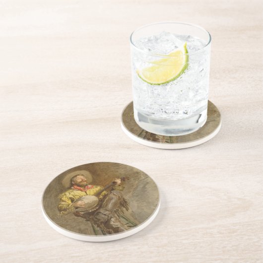 Banjo spelen Ranchero zingen Cowboy in het oude we Zandsteen Onderzetter (Zijkant)