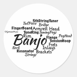 Banjo Word Cloud Zwart Tekst Ronde Sticker