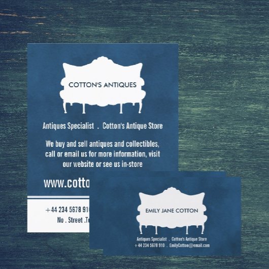  bank, Elegant blauw, Antiek dealer Visitekaartje