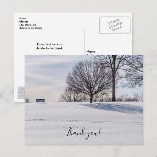 Bank op met sneeuw bedekte heuvel Dank je wel ansi Briefkaart (Voorkant / Achterkant)