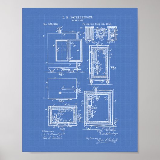 Bank Safe 1894 Patent Art Blueprint Poster (Voorkant)