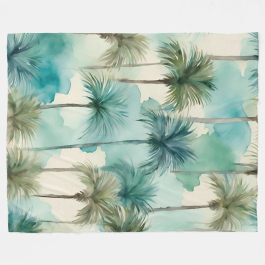 Banket Tropical Beachy Coastal Blue Palm Trees Fleece Deken (Voorkant (Horizontaal))