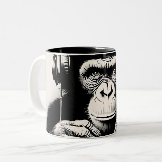 Banksy DJ Monkey Gorilla Chimp Art Print Tweekleurige Koffiemok (Voorkant links)