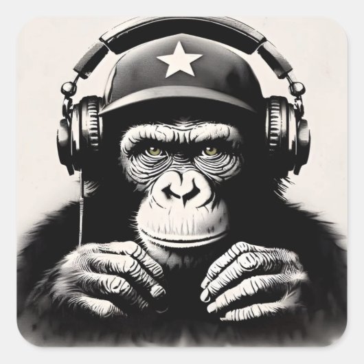 Banksy DJ Monkey Gorilla Chimp Art Print Vierkante Sticker (Voorkant)