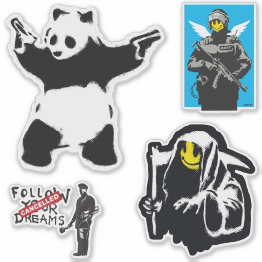 Banksy Graffiti grunge vinyl Panda stickers set (Voorkant)