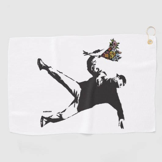 Banksy Love is in de lucht Bloem gooien halftoon Golfhanddoek (Horizontaal)