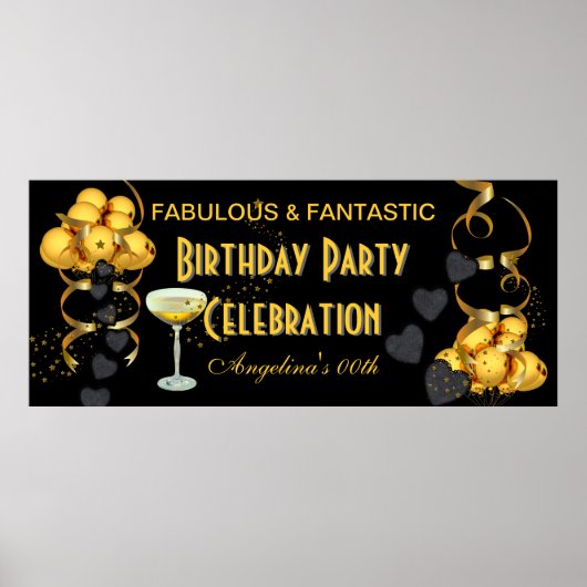 Banner Birthday Party Celebration Black Gold Poster (Voorkant)