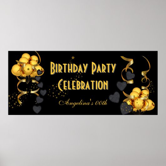 Banner Birthday Party Celebration Black Gold Poster (Voorkant)