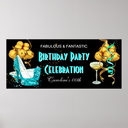 Banner Birthday Party Celebration Blauwgroen Blue  Poster (Voorkant)