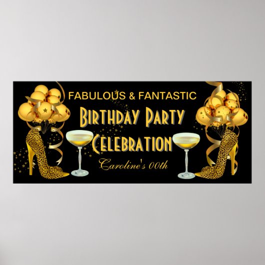 Banner Birthday Party Celebration Leopard Gold Poster (Voorkant)