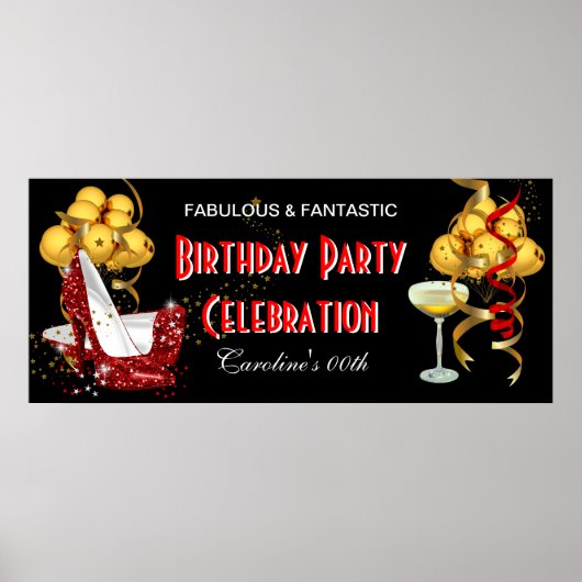 Banner Birthday Party Celebration Red Gold Poster (Voorkant)